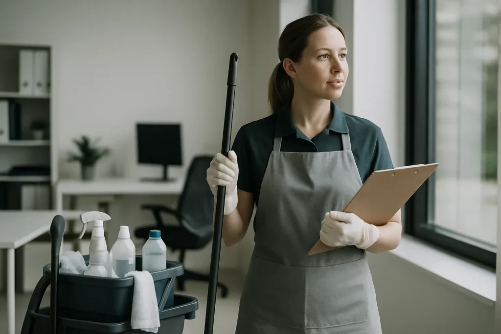 Un homme en uniforme nettoyant un appartement à Romagne avec des produits de nettoyage.