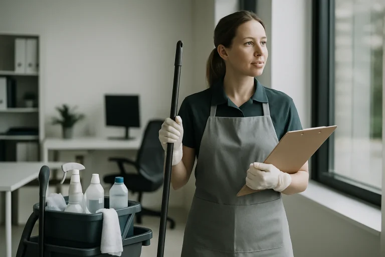 Un homme en uniforme nettoyant un appartement à Romagne avec des produits de nettoyage.