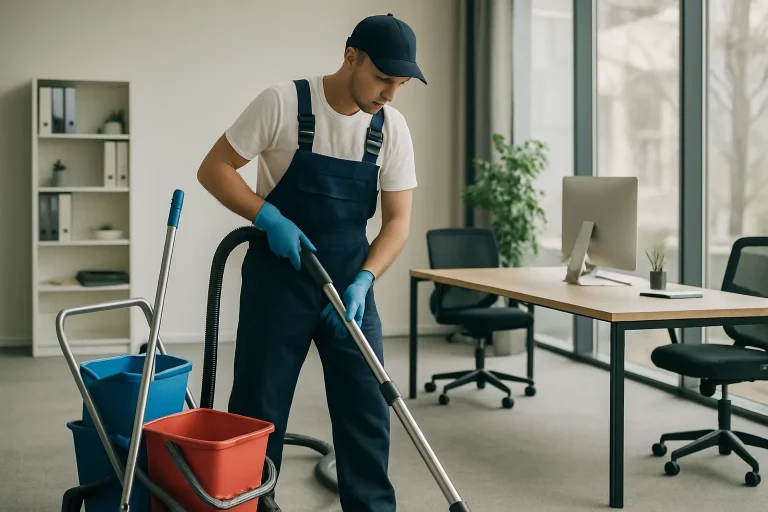 Technicien de nettoyage aspirant un bureau lumineux à Cesson-Sévigné.