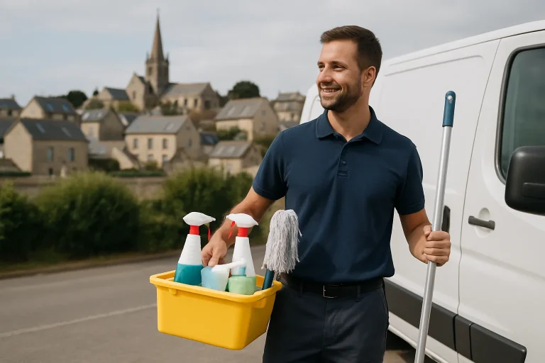 Équipe de nettoyage professionnelle travaillant dans un appartement à Saint-Coulomb avec des outils modernes.