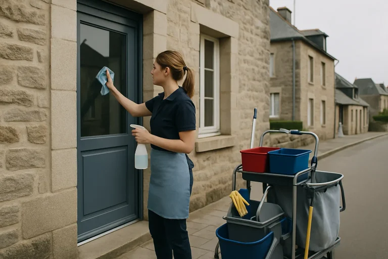Équipe de nettoyage professionnelle dans un appartement à Saint-Brice-en-Coglès, utilisant des équipements modernes.