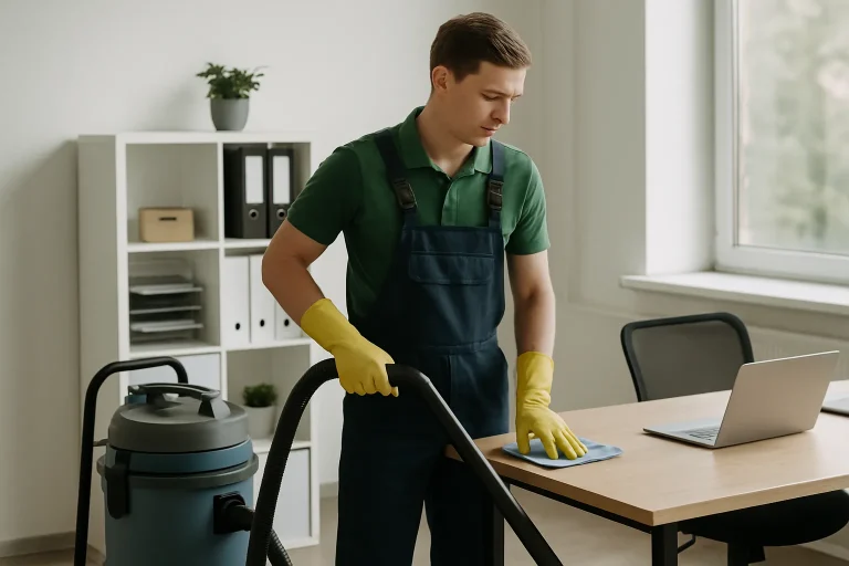 Un agent de nettoyage utilisant des produits écologiques dans un appartement à LECOUSSE.