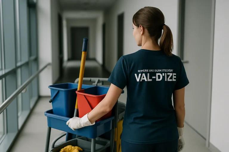 Bureau propre après nettoyage à Val-d'Izé, avec des produits de nettoyage visibles.