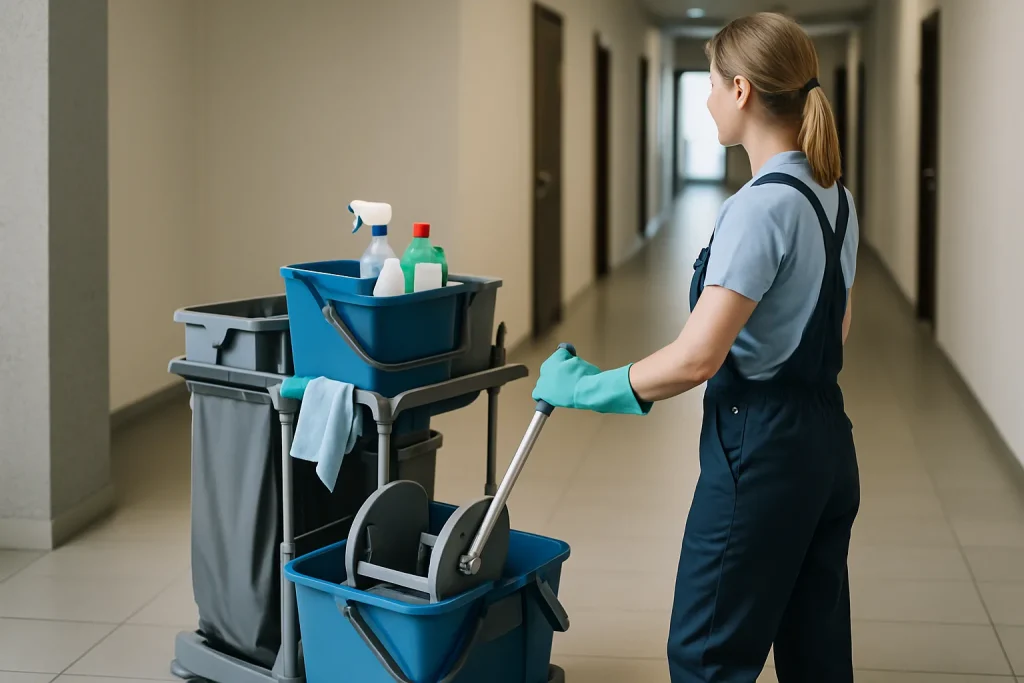 Équipe de nettoyage professionnelle à Saint-Grégoire désinfectant un appartement.
