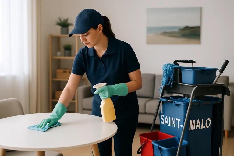 Équipe de professionnels nettoyant un appartement à Saint-Malo avec divers équipements.