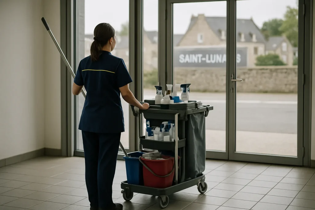 Un professionnel du nettoyage s'affaire dans un appartement propre à Saint-Lunaire.
