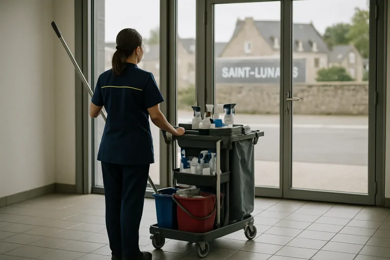 Un professionnel du nettoyage s'affaire dans un appartement propre à Saint-Lunaire.